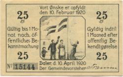 Dahler - (heute: DK-Daler) - Gemeinde - 10.4.1920 - 25 Pfennig 