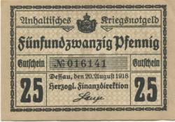 Dessau - Herzogliche Anhaltische Finanzdirektion - 20.8.1918 - 31.12.1921 - 25 Pfennig
