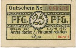 Dessau - Anhaltische Finanzdirektion - 1.4.1920 - 31.12.1921 - 25 Pfennig