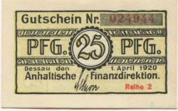 Dessau - Anhaltische Finanzdirektion - 1.4.1920 - 31.12.1921 - 25 Pfennig