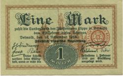 Detmold - Fürstlich Lippische Regierung - 13.11.1918 - 1.2.1919 - 1 Mark