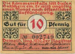Detmold - Stadt - August 1920 - 10 Pfennig