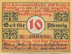 Detmold - Stadt - August 1920 - 10 Pfennig