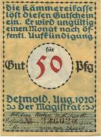 Detmold - Stadt - August 1920 - 50 Pfennig