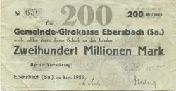 Ebersbach - Sparkasse - September 1923 - 200 Millionen Mark 