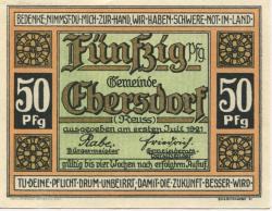 Ebersdorf (heute: Saalburg-Ebersdorf) - Gemeinde - 1.7.1921 - 50 Pfennig 