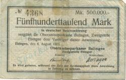 Ebingen - Oberamtssparkasse Balingen, Zweigstelle Ebingen - 8.8.1923 - 500000 Mark 