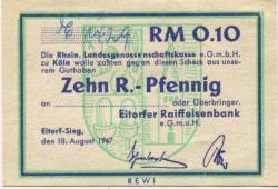 Eitorf - Eitorfer Raiffeisenbank eGmuH - 15.8.1947 - 10 Pfennig