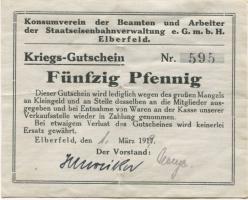 Elberfeld (heute: Wuppertal) - Konsum-Verein der Beamten und Arbeiter der Staatseisenbahnverwaltung eGmbH - 1.3.1919 - 50 Pfennig