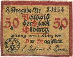 Elbing (heute: PL-Elblag) - Stadt - 1.3.1921 - 50 Pfennig