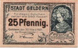 Geldern - Stadt - 30.3.1921 - 25 Pfennig 