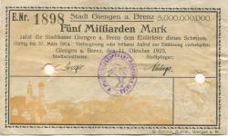 Giengen - Stadt - 11.10.1923 - 31.3.1924 - 5 Milliarden Mark