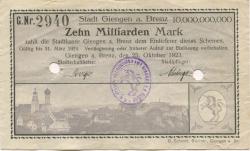 Giengen - Stadt - 25.10.1923 - 31.3.1924 - 10 Milliarden Mark