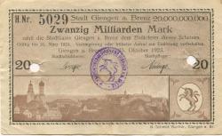 Giengen - Stadt - 25.10.1923 - 31.3.1924 - 20 Milliarden Mark