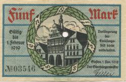Gießen - Stadt - 1.11.1918 - 1.2.1919 - 5 Mark