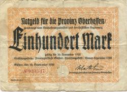 Gießen - Provinzialverwaltung Oberhessen - 30.9.1922 - Dezember 1922 - 100 Mark