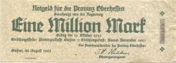 Gießen - Provinzialverwaltung Oberhessen - August 1923 - November 1923 - 1 Million Mark