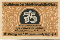 Glatz (heute: PL-Klodzko) - Stadt-Sparkasse - 6.10.1921 - 75 Pfennig