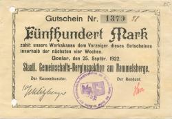 Goslar - Staatliche Gemeinschafts-Berginspektion am Rammelsberge - 25.9.1922 - 500 Mark 