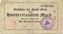 Greiz - Stadt - 1.8.1923 - 100000 Mark