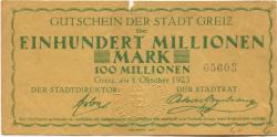 Greiz - Stadt - 1.10.1923 - 100 Millionen Mark