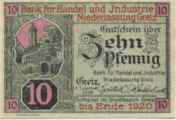 Greiz - Bank für Handel und Industrie, Niederlassung Greiz - 1.1.1919 - Ende 1920 - 10 Pfennig