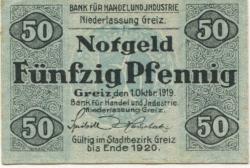 Greiz - Bank für Handel und Industrie, Niederlassung Greiz - 1.10.1919 - Ende 1920 - 50 Pfennig