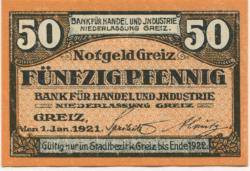 Greiz - Bank für Handel und Industrie, Niederlassung Greiz - 1.1.1921 - Ende 1922 - 50 Pfennig