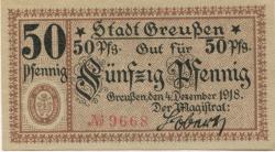 Greußen - Stadt - 4.12.1918 - 50 Pfennig