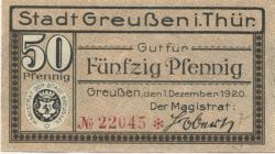 Greußen - Stadt - 1.12.1920 - 50 Pfennig