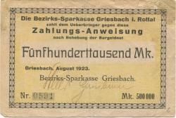 Griesbach - Bezirks-Sparkasse - August 1923 - 500000 Mark