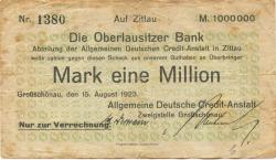 Großschönau - Allgemeine Deutsche Credit-Anstalt, Zweigstelle Großschönau - 15.8.1923 - 1 Million Mark