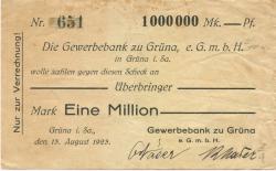 Grüna (heute: Chemnitz) - Gewerbebank eGmbH - 13.8.1923 - 1 Million Mark