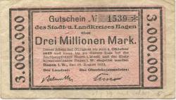 Hagen - Stadt und Kreis - 13.8.1923 - 1.10.1923 - 3 Millionen Mark 