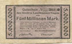 Hagen - Stadt und Kreis - 13.8.1923 - 1.10.1923 - 5 Millionen Mark 