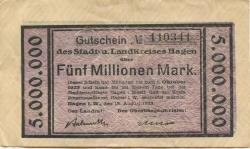 Hagen - Stadt und Kreis - 13.8.1923 - 1.10.1923 - 5 Millionen Mark 