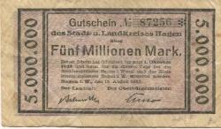 Hagen - Stadt und Kreis - 13.8.1923 - 1.10.1923 - 5 Millionen Mark 