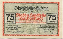 Halberstadt - Rotes Kreuz, Stadt und Landkreis Halberstadt, und Vereinigte Verbände heimattreuer Schlesier, Bezirksgruppe Halberstadt (Oberschlesier Hilfstag) - 11.9.1921 - 75 Pfennig
