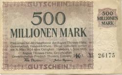 Hamborn (heute: Duisburg) - Thyssen-Hütte, August, Gewerkschaft, Gewerkschaften Friedrich Thyssen, Lohberg, Rhein I - 1.9.1923 - 31.3.1924 - 500 Millionen Mark