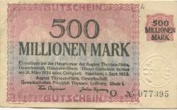 Hamborn (heute: Duisburg) - Thyssen-Hütte, August, Gewerkschaft, Gewerkschaften Friedrich Thyssen, Lohberg, Rhein I - 1.9.1923 - 31.3.1924 - 500 Millionen Mark