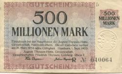 Hamborn (heute: Duisburg) - Thyssen-Hütte, August, Gewerkschaft, Gewerkschaften Friedrich Thyssen, Lohberg, Rhein I - 1.9.1923 - 31.3.1924 - 500 Millionen Mark