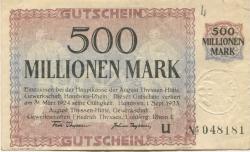 Hamborn (heute: Duisburg) - Thyssen-Hütte, August, Gewerkschaft, Gewerkschaften Friedrich Thyssen, Lohberg, Rhein I - 1.9.1923 - 31.3.1924 - 500 Millionen Mark