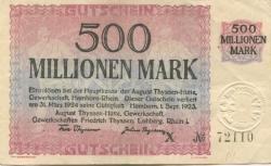 Hamborn (heute: Duisburg) - Thyssen-Hütte, August, Gewerkschaft, Gewerkschaften Friedrich Thyssen, Lohberg, Rhein I - 1.9.1923 - 31.3.1924 - 500 Millionen Mark