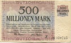 Hamborn (heute: Duisburg) - Thyssen-Hütte, August, Gewerkschaft, Gewerkschaften Friedrich Thyssen, Lohberg, Rhein I - 1.9.1923 - 31.3.1924 - 500 Millionen Mark