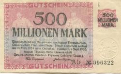 Hamborn (heute: Duisburg) - Thyssen-Hütte, August, Gewerkschaft, Gewerkschaften Friedrich Thyssen, Lohberg, Rhein I - 1.9.1923 - 31.3.1924 - 500 Millionen Mark