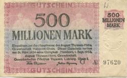 Hamborn (heute: Duisburg) - Thyssen-Hütte, August, Gewerkschaft, Gewerkschaften Friedrich Thyssen, Lohberg, Rhein I - 1.9.1923 - 31.3.1924 - 500 Millionen Mark