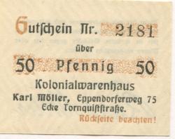 Hamburg - Möller, Karl, Kolonialwarenhaus, Eppendorfer Weg 75, Ecke Tornquiststr. - Mai 1919 - 50 Pfennig