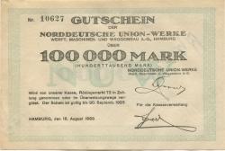 Hamburg - Norddeutsche Union-Werke, Werft, Maschinen- und Waggonbau AG, Rödingsmarkt 72 - 15.8.1923 - 30.9.1923 - 100000 Mark