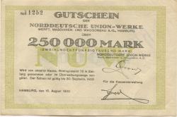 Hamburg - Norddeutsche Union-Werke, Werft, Maschinen- und Waggonbau AG, Rödingsmarkt 72 - 15.8.1923 - 30.9.1923 - 250000 Mark
