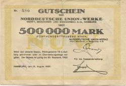 Hamburg - Norddeutsche Union-Werke, Werft, Maschinen- und Waggonbau AG, Rödingsmarkt 72 - 15.8.1923 - 30.9.1923 - 500000 Mark